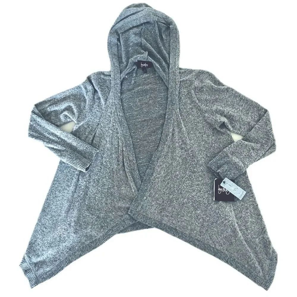 NWT By&By Sz S Marled Grey Hoodie Super Soft Asymmetrical Cardigan Open Sweater